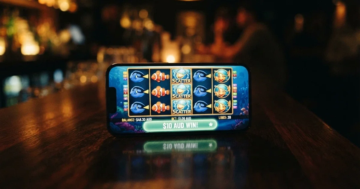 A smartphone displaying an online pokies game with an AUD $10 deposit confirmation on screen, set against a dark casino-style background