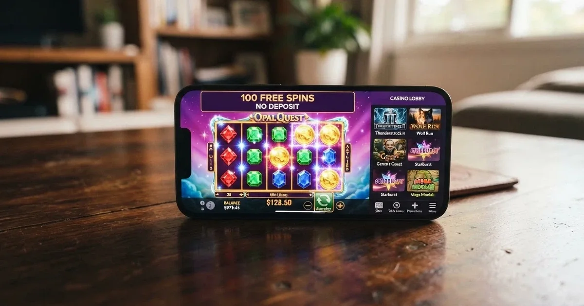 A smartphone screen showing an online pokies game with a promotional banner reading “100 Free Spins No Deposit” beside a casino lobby menu