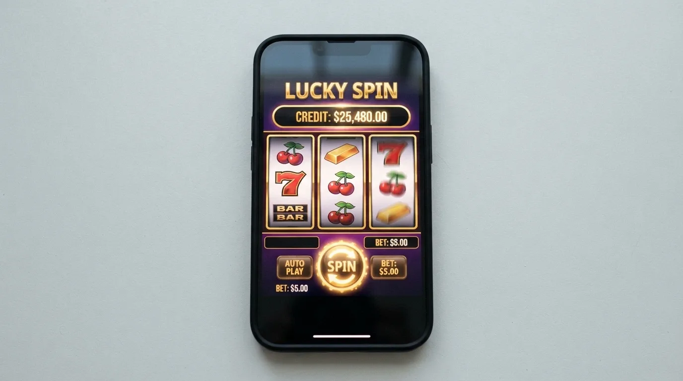 A 1spin4win slot game screen showing a play-money balance display and the spin button
