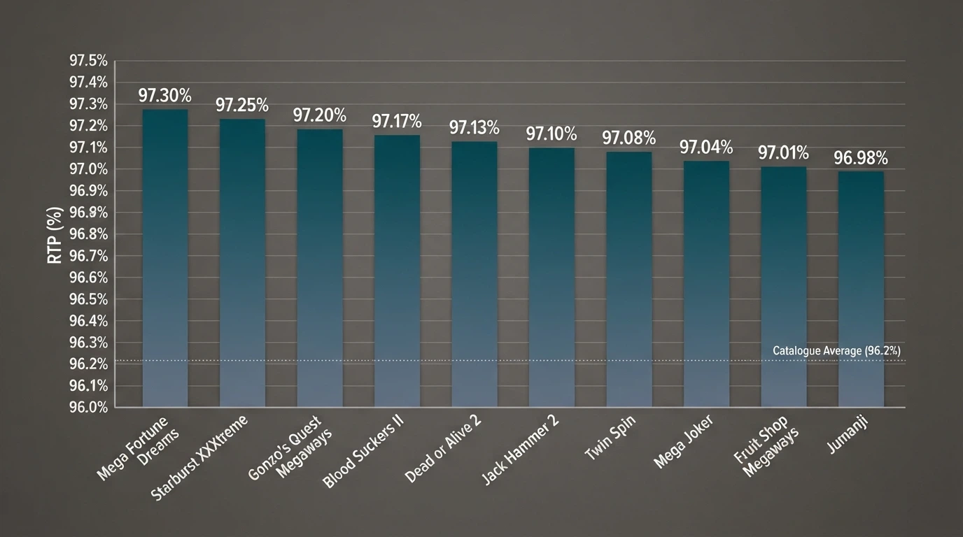 A grid of 1spin4win slot title cards ranked by RTP percentage from 97.3% down to 96.98%