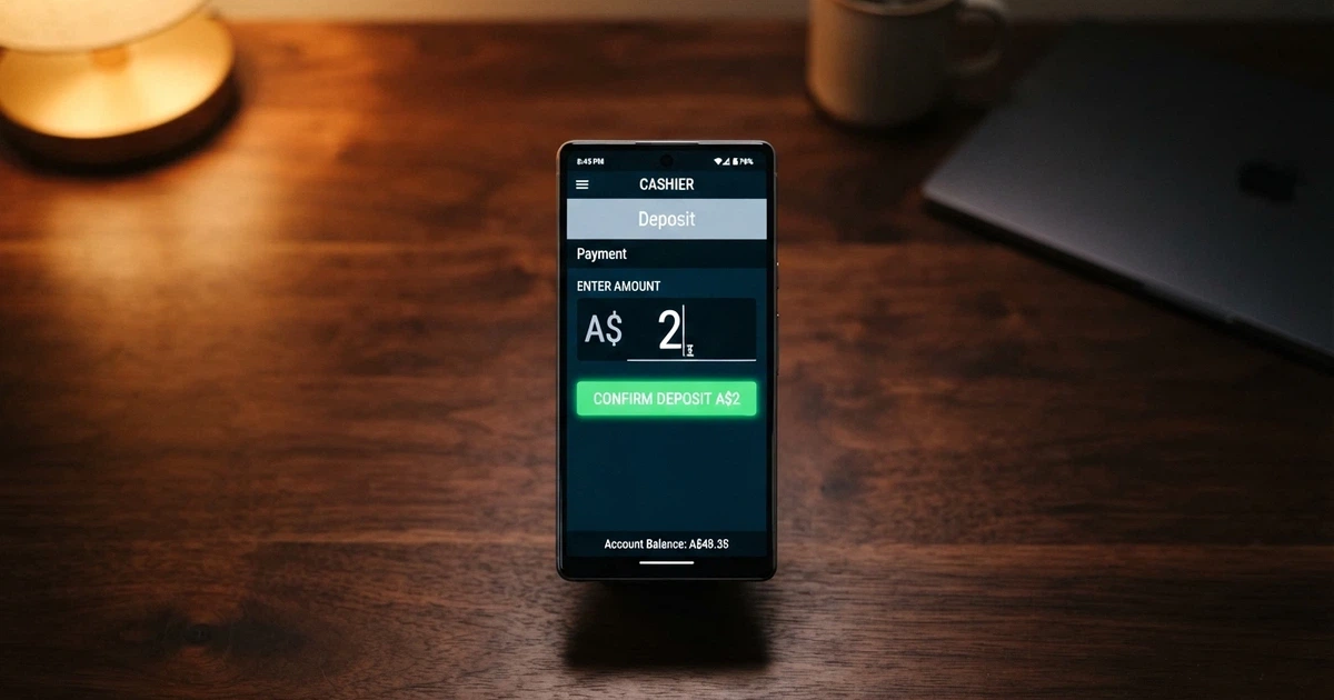 A smartphone displaying an online casino cashier screen with a A$2 deposit amount highlighted in the transaction field, Australian dollar symbol visible