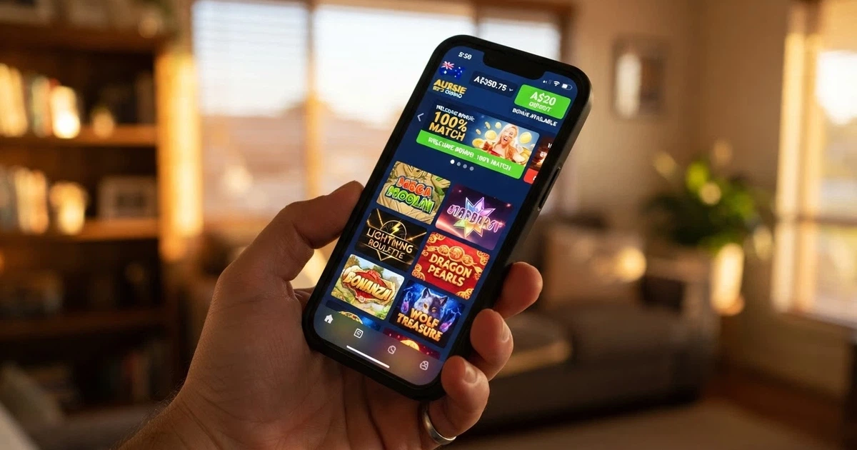 A smartphone showing an Australian online casino lobby with a $20 deposit button highlighted in AUD