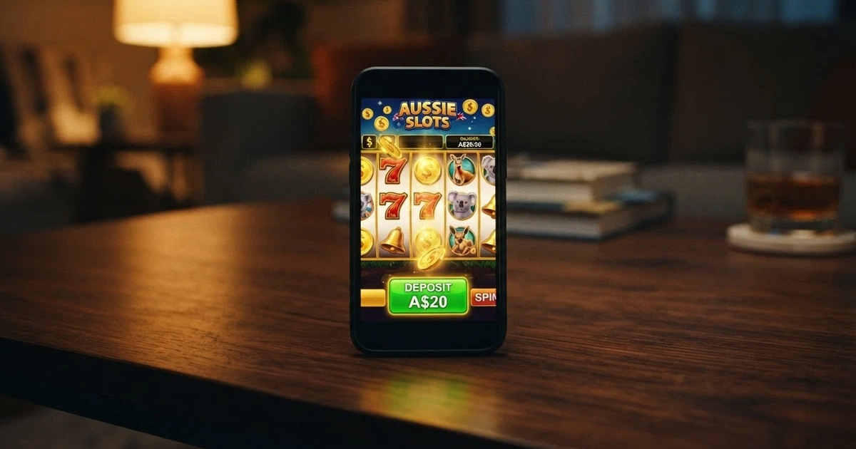 A smartphone displaying a pokies game reels with a $20 deposit button overlay and Australian dollar symbols