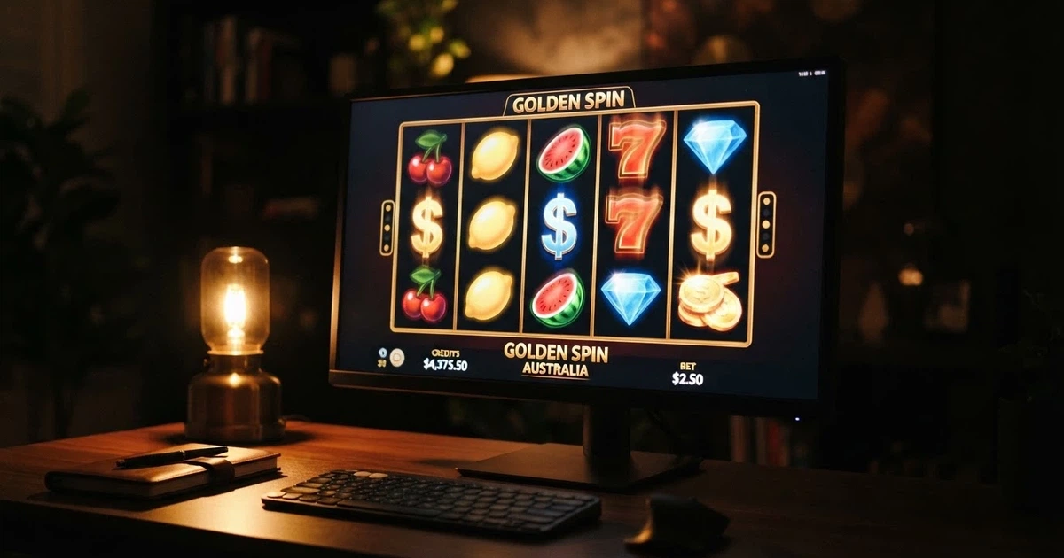Rows of brightly lit online pokie reels spinning on a digital screen with Australian dollar symbols visible