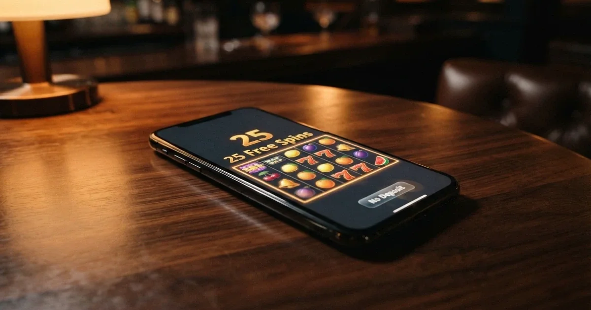 A smartphone screen displaying a colourful online pokie reels grid with the words “25 Free Spins” overlaid on a dark casino-style background, no deposit badge visible