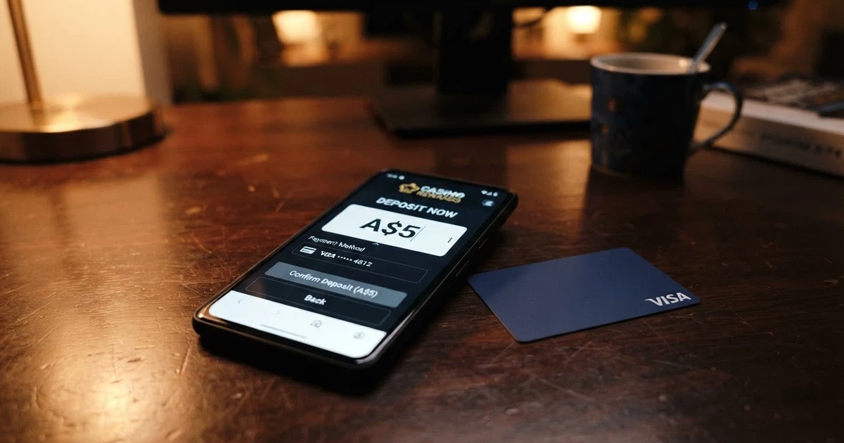 A smartphone showing an online casino deposit screen with a $5 amount field and a bank card beside it