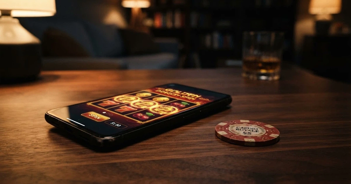 A smartphone screen showing an online pokies game with a five-dollar note placed beside it on a dark surface