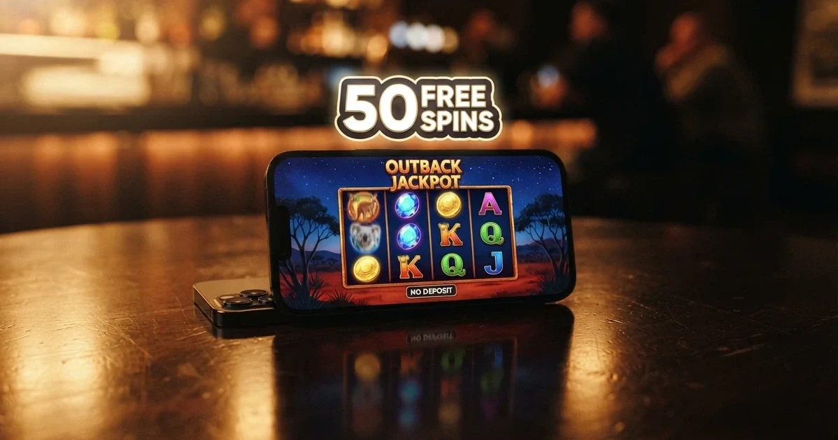 A row of colourful online pokie reels spinning on a smartphone screen, overlaid with a stylised “50 Free Spins” badge and a small “No Deposit” tag