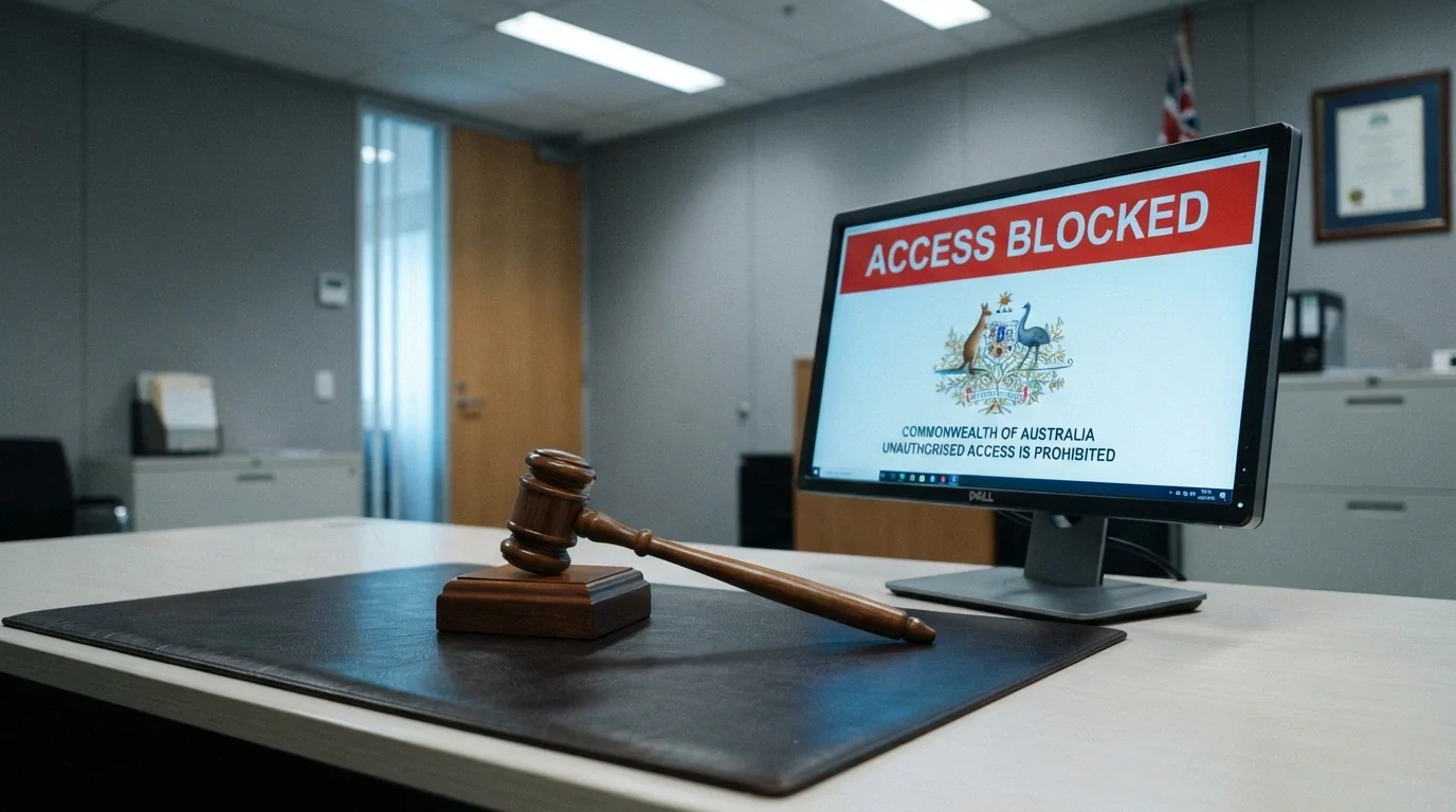 A gavel on a desk beside a computer screen displaying an ACMA blocking notice, the Australian coat of arms visible on the notice