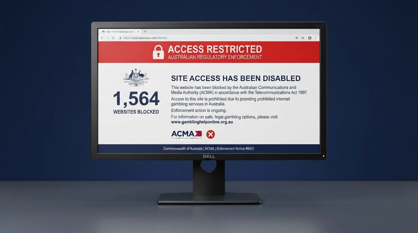 A graphic showing the ACMA logo beside a blocked-website notice on a screen, with the 1,564 figure and the Australian coat of arms visible