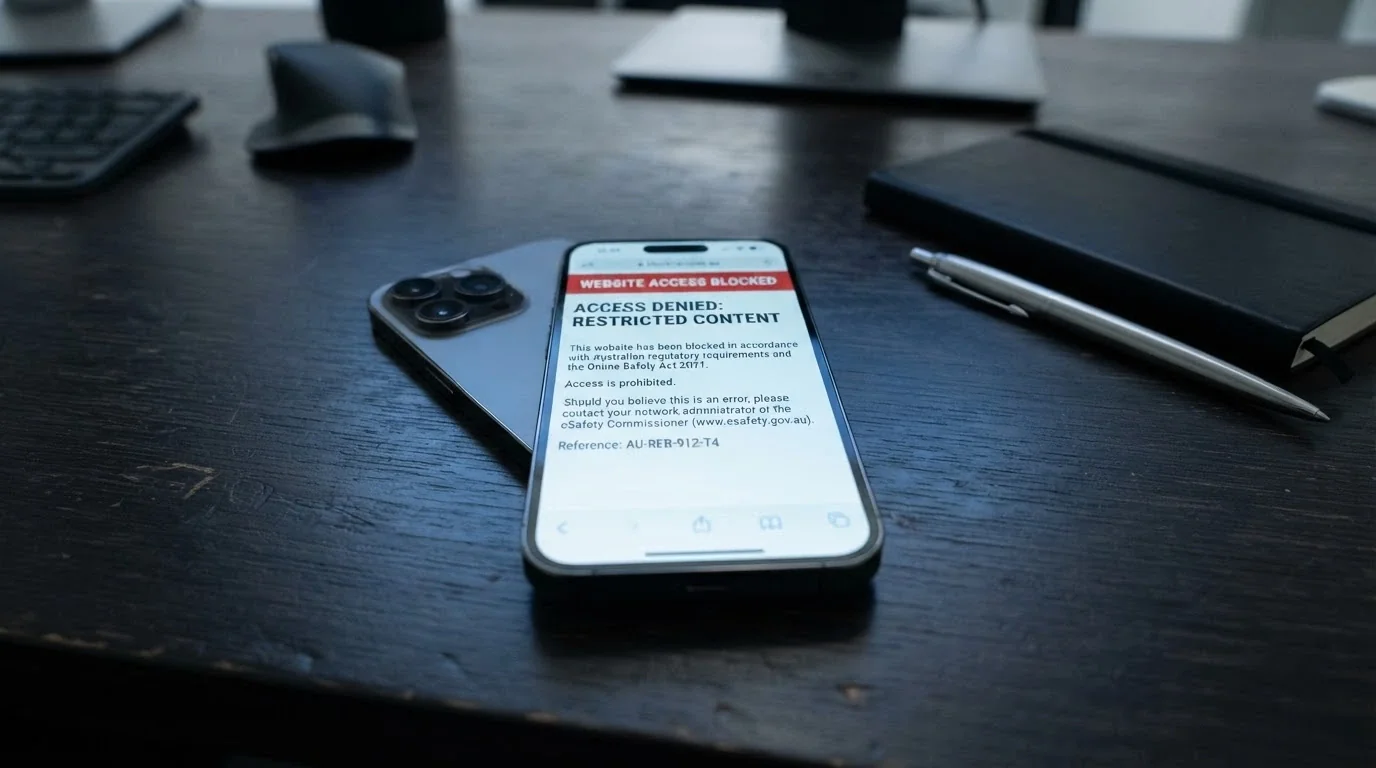 iPhone browser showing the ACMA website-blocked notice with the regulator's warning about illegal gambling services