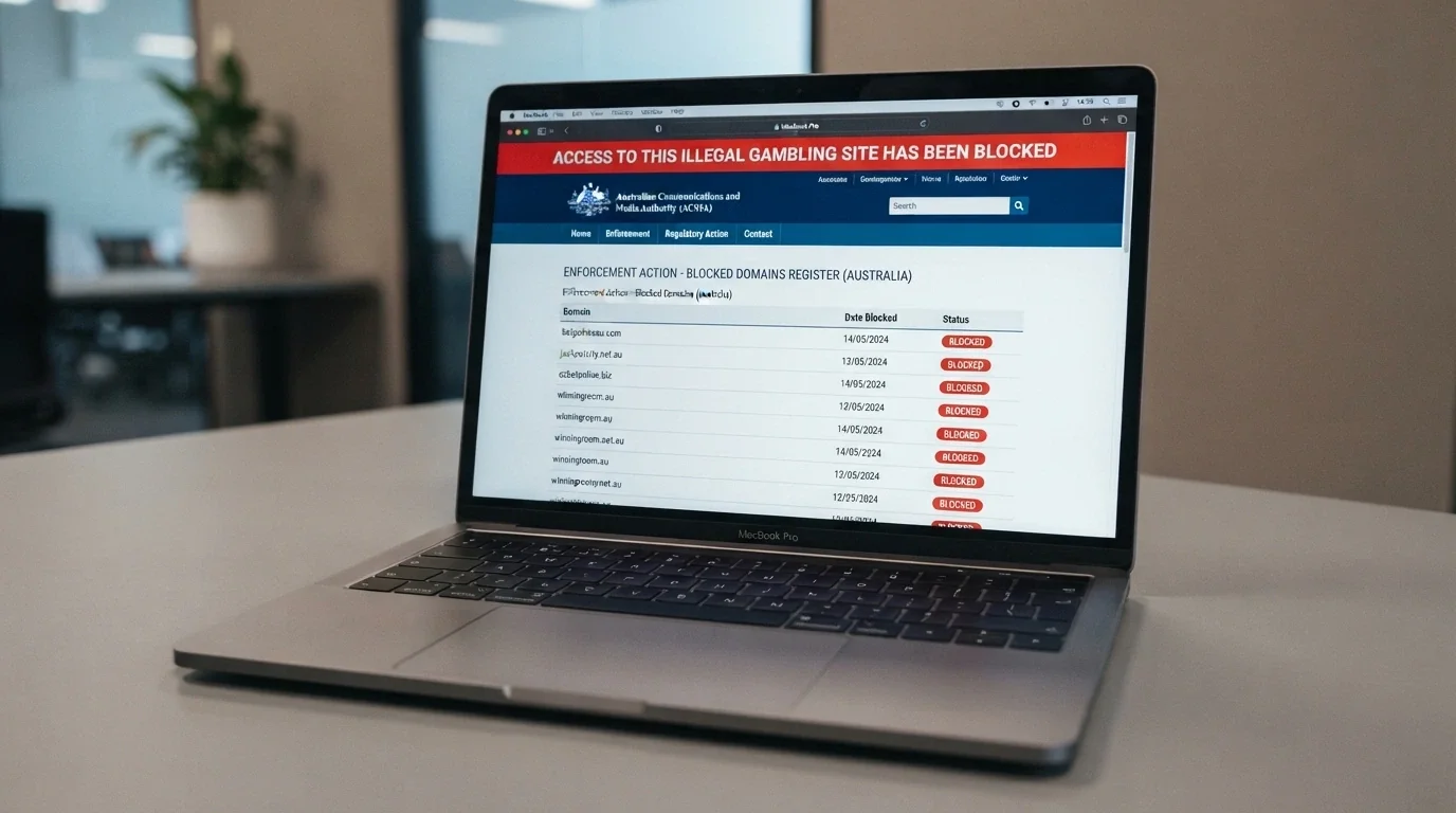 ACMA website page listing blocked illegal gambling websites with a red blocked notice displayed against an online casino domain accessible to Australian IP addresses