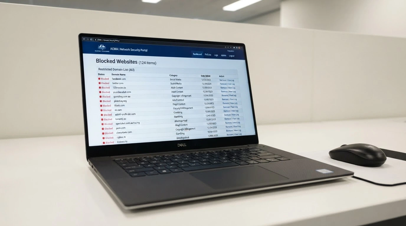 An official-looking ACMA webpage listing blocked illegal gambling websites with the Australian Government crest visible