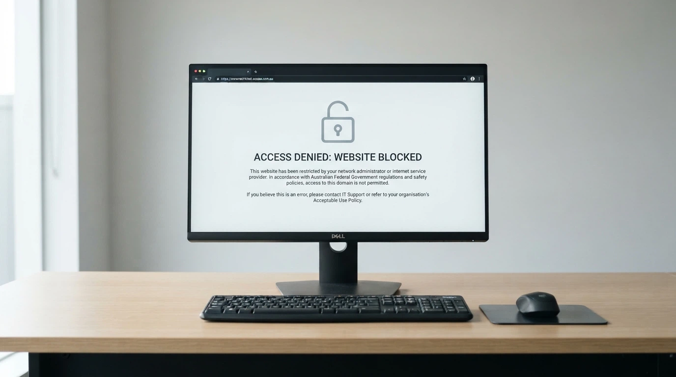 A browser showing a blocked-website notice with a lock icon on a computer screen