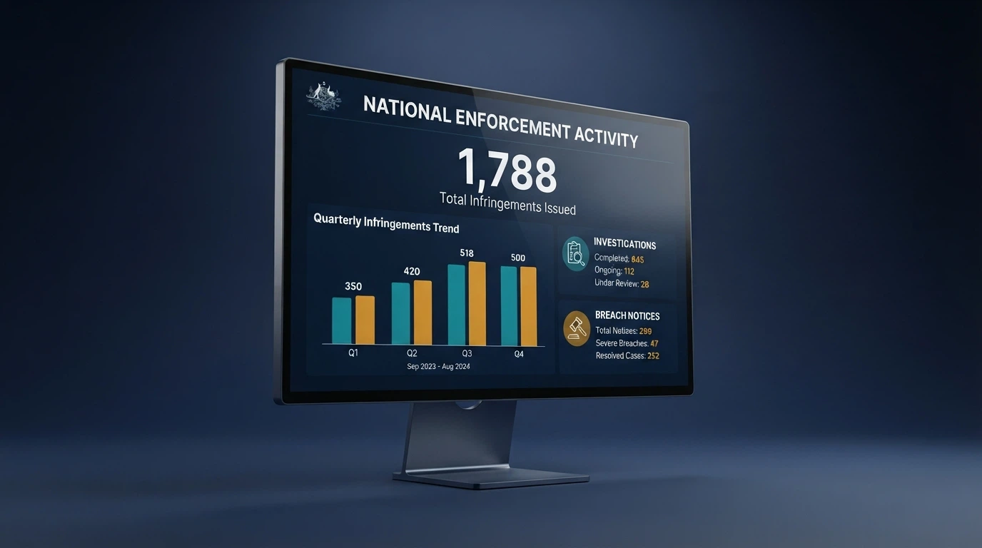 A representation of the ACMA website's blocked-sites register or enforcement dashboard, with the 1,788 blocked-sites figure and investigation statistics visible