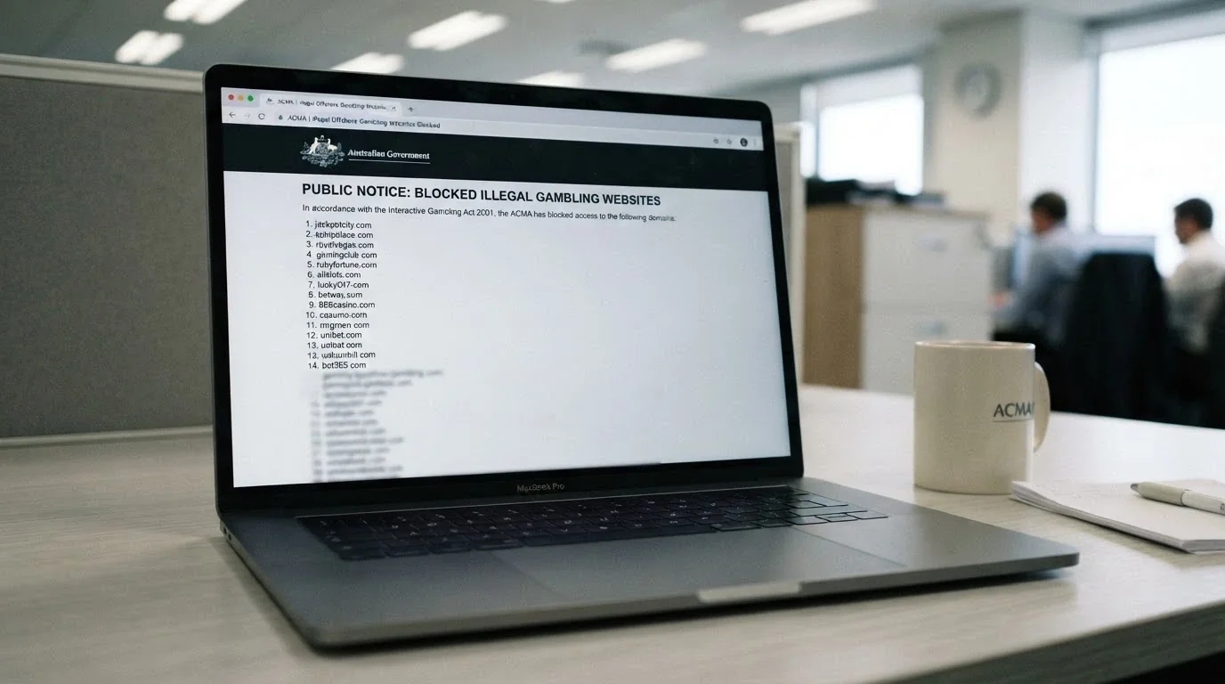 The ACMA website header with the Interactive Gambling Act reference and a list of blocked illegal gambling website domains partially visible