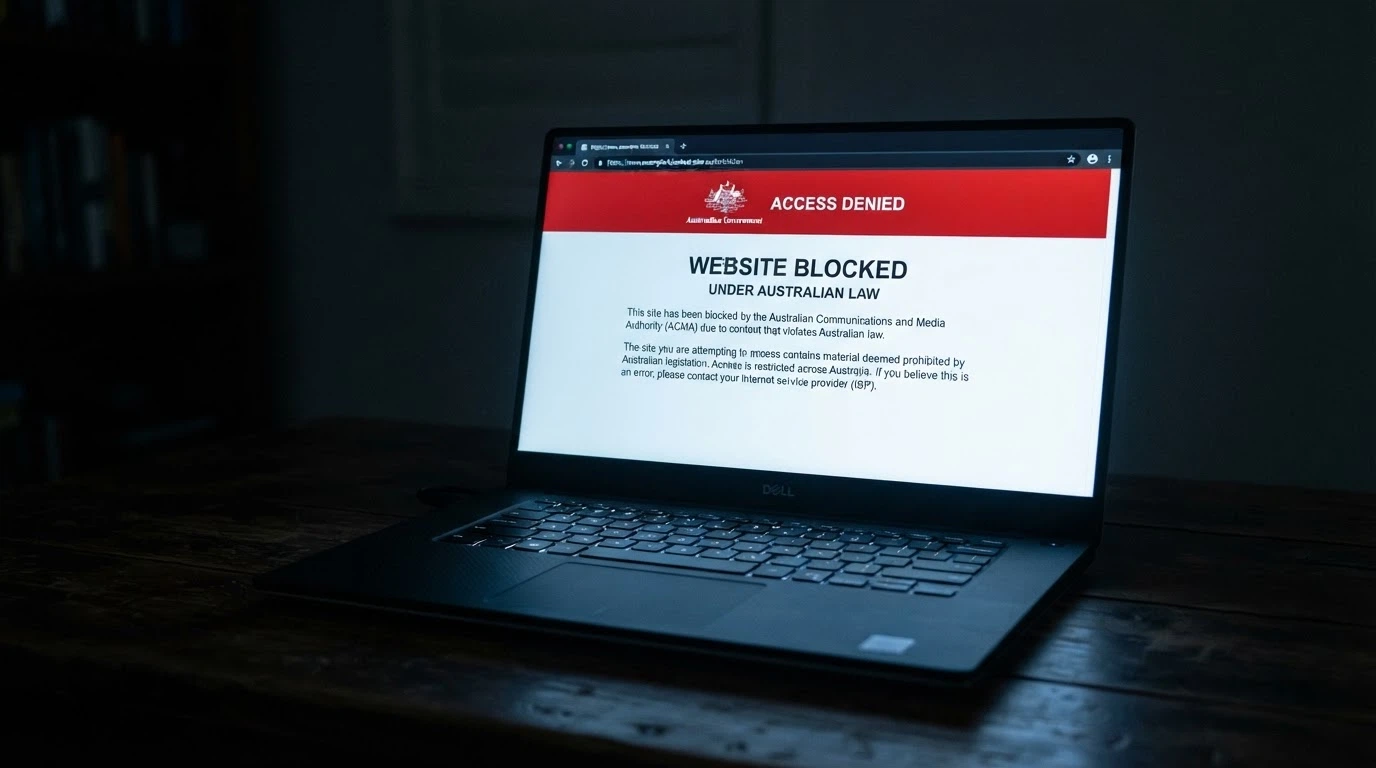 A laptop browser window showing an ACMA blocked-website notice on a dark background