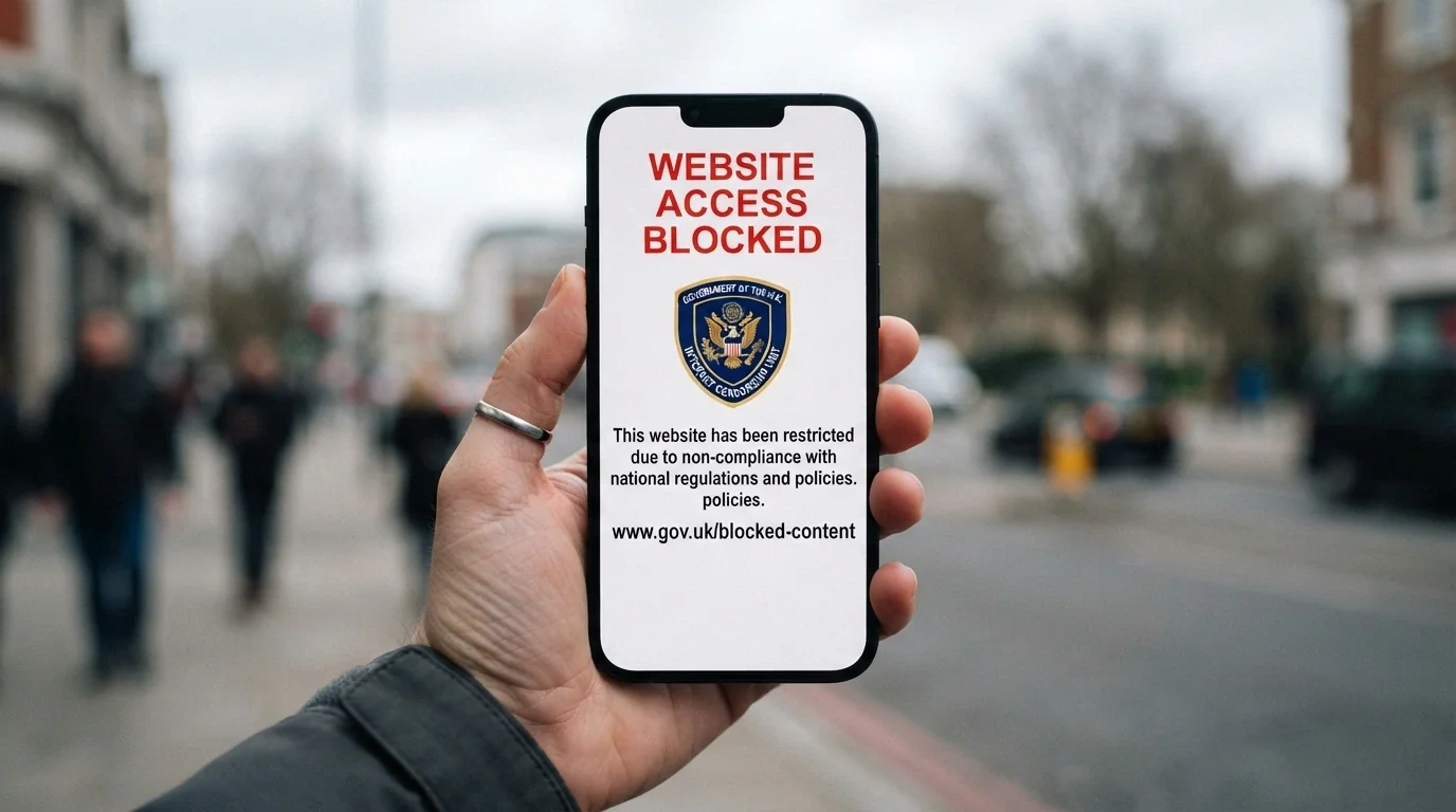 A browser screen showing the ACMA blocking notice on a smartphone, with the official government URL visible