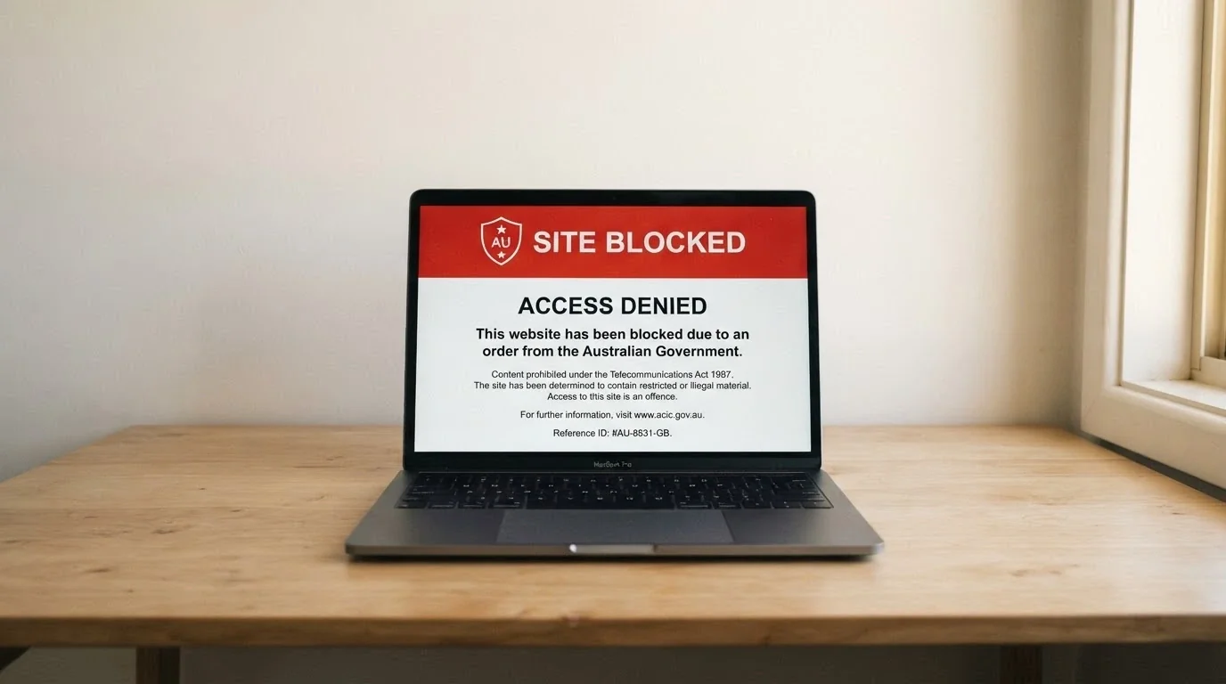 A laptop screen displaying the ACMA-blocked-site notice an Australian ISP serves when a blocked gambling domain is accessed, with the ACMA logo visible