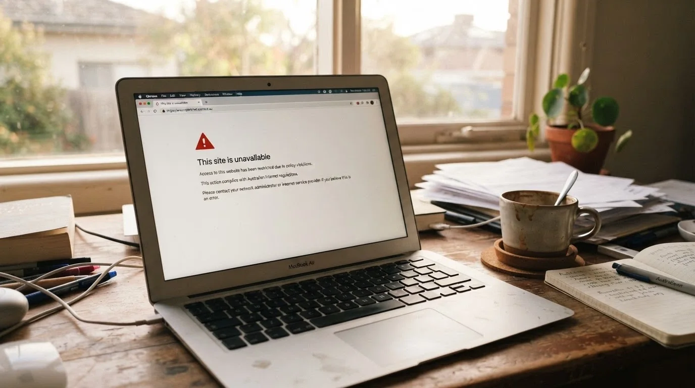 A browser window displaying an ACMA blocking notice page, with the Australian Government crest visible and text stating the site is inaccessible under the Interactive Gambling Act