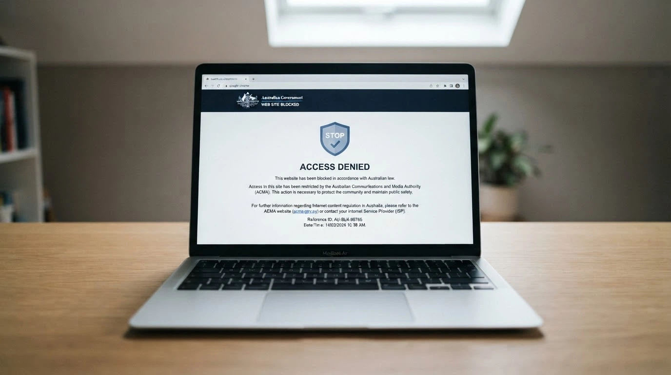 An ACMA website-blocking notice as displayed in an Australian browser, with the ACMA logo and a compliance message