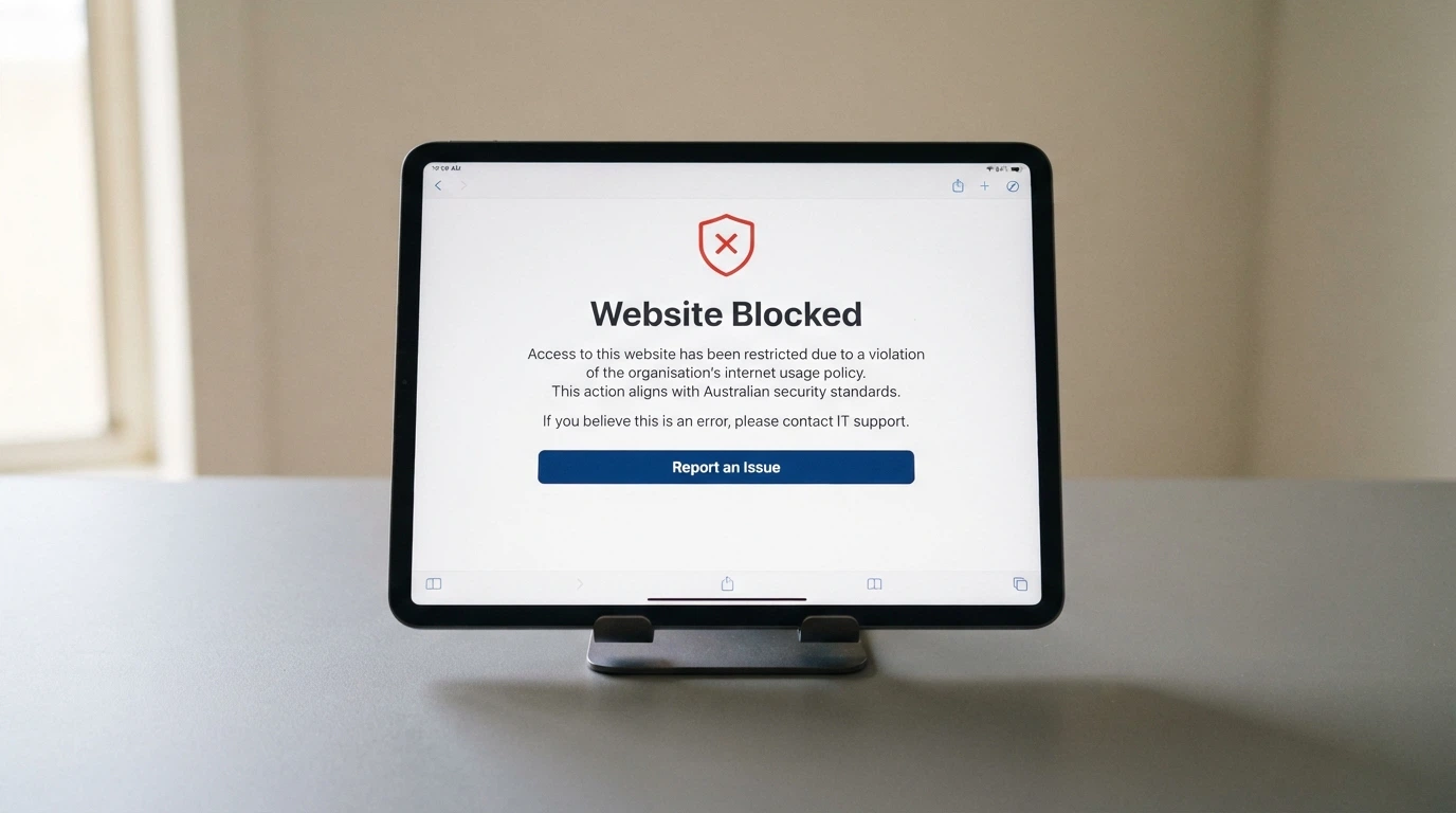 An iPad browser displaying an ACMA-styled blocked-website notice with regulatory text and an official crest