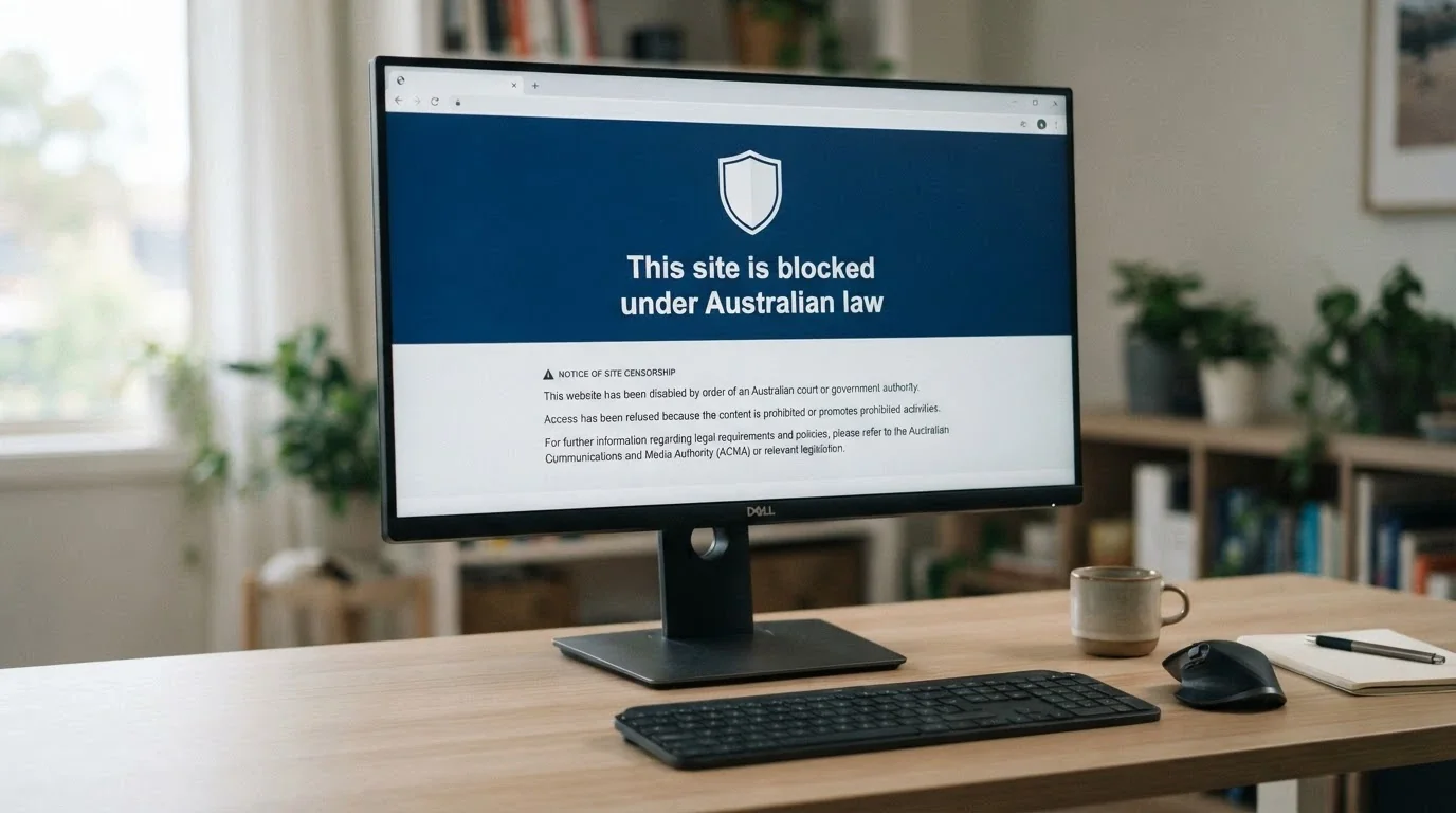A browser window displaying an ACMA-style blocking notice with the words “This site is blocked under Australian law” and the Australian Government crest