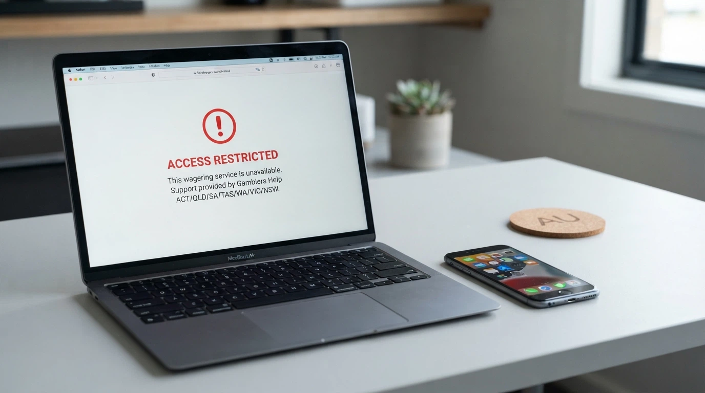 A browser window showing an ACMA blocking notice beside a smartphone with a casino app icon greyed out