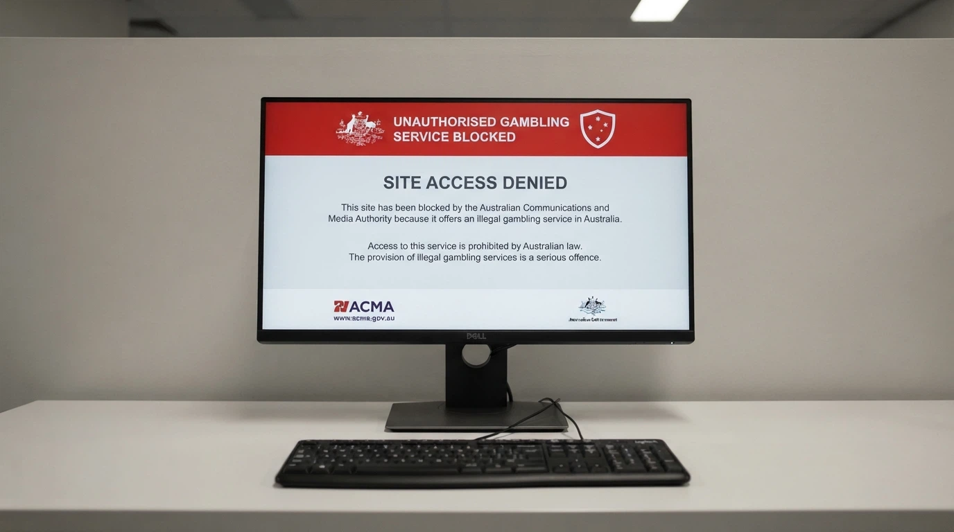 A desktop browser displaying an ACMA blocking notice page — the official government banner stating the site is an illegal gambling service, with the ACMA logo visible