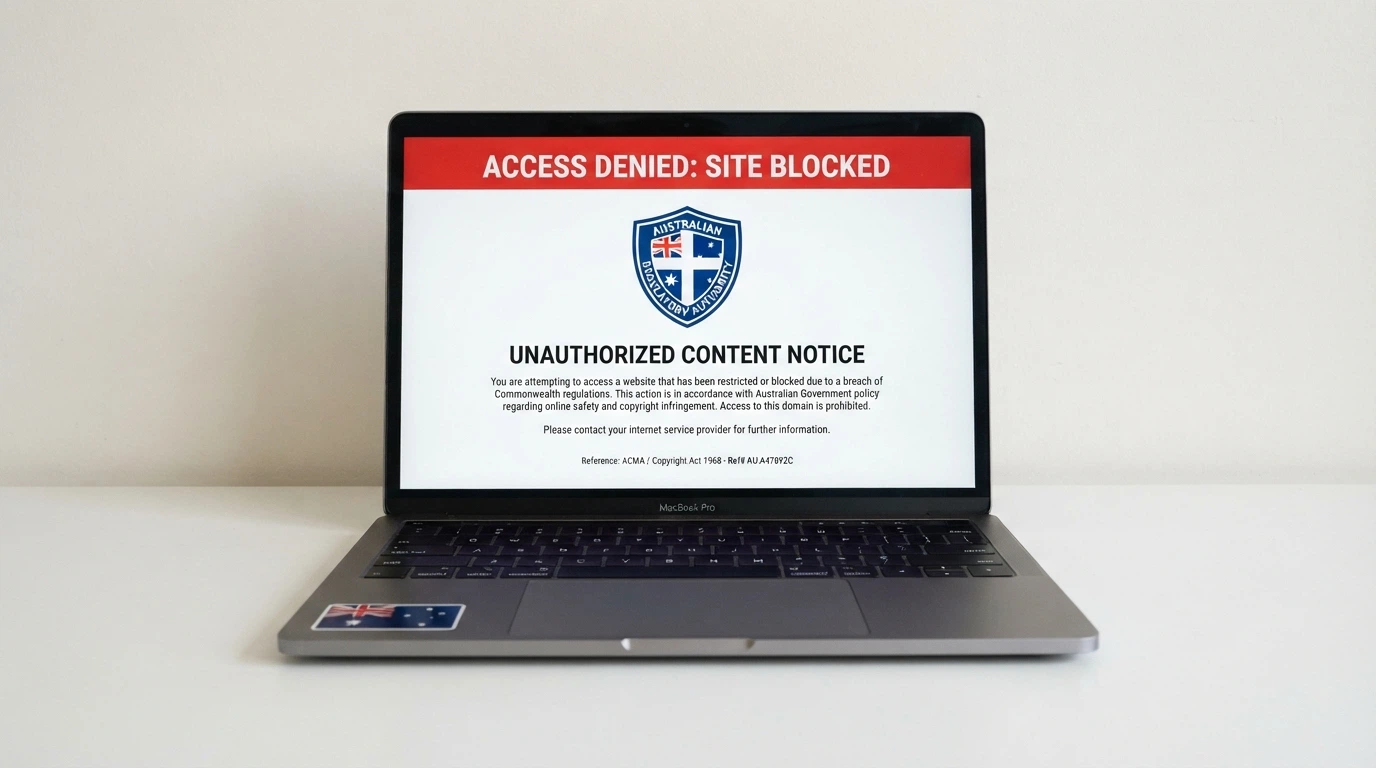 A browser window displaying an ACMA site-blocked notice as seen on an Australian internet connection, with the ACMA logo visible