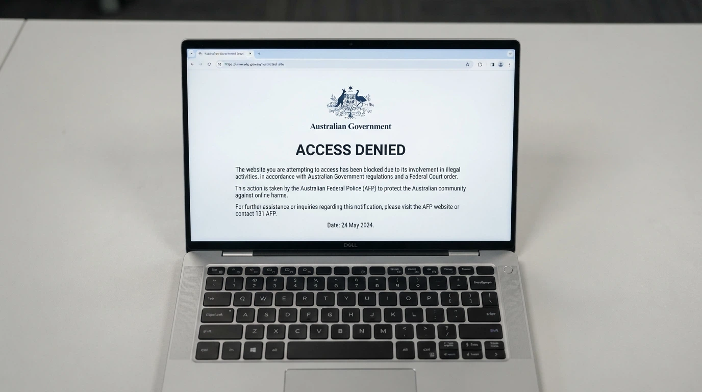 A browser window displaying an ACMA site-blocking notice — the screen an Australian sees when an illegal gambling website has been blocked by their ISP