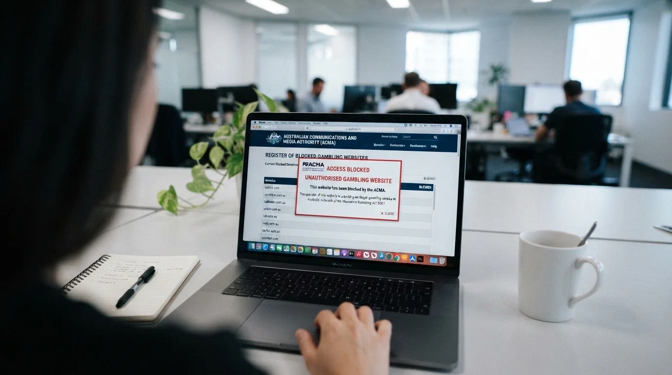 An ACMA website page excerpt showing the list of blocked illegal gambling websites with a DNS-blocking notification overlay
