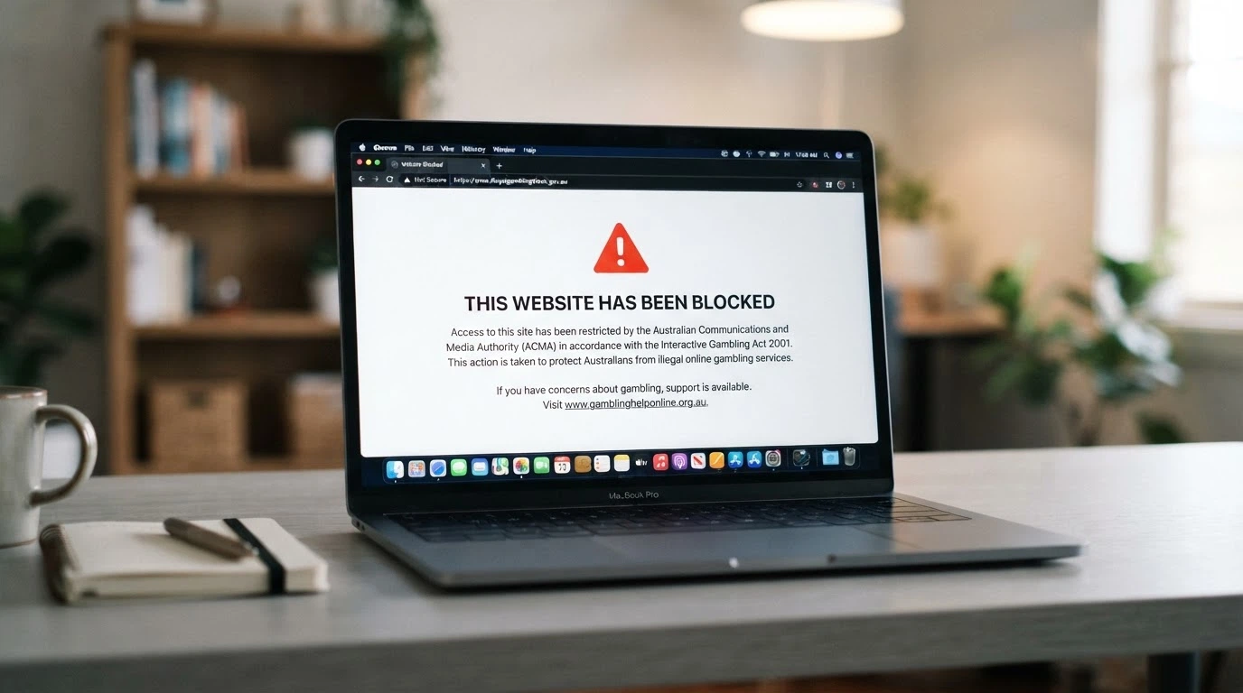 A browser window displaying an ACMA blocking notice — the standard page an Australian ISP serves when a gambling site has been directed for blocking — with the ACMA logo visible