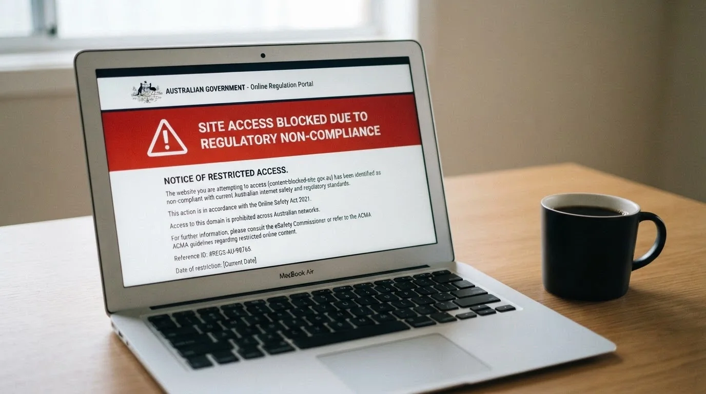 An ACMA website page showing the illegal gambling services warning and a blocked-site notice on a browser