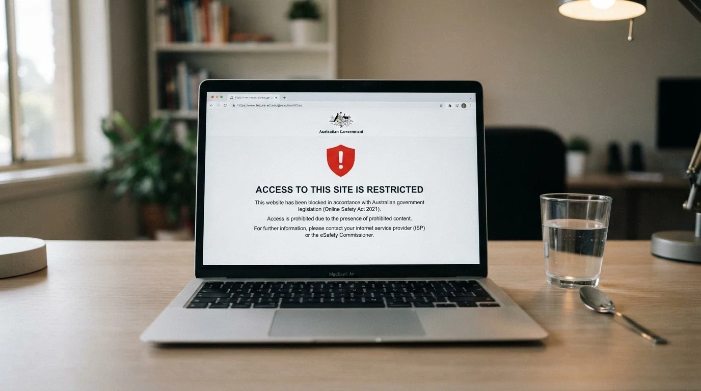 An official-looking webpage with a site-access-blocked notice visible
