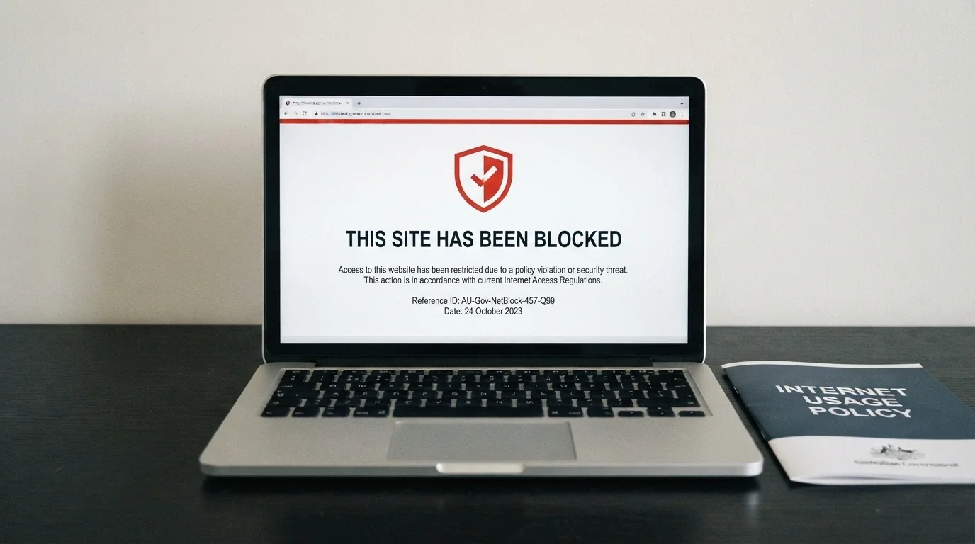 ACMA logo beside a browser window displaying a blocked-website notice for an illegal gambling site