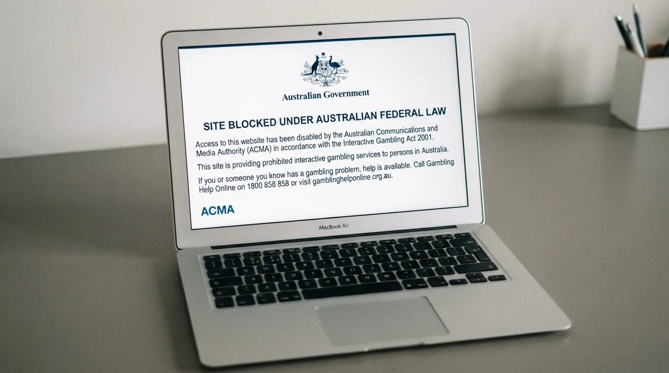 A screenshot of an Australian ISP-level block page showing the ACMA logo and text stating the site has been blocked under the Interactive Gambling Act 2001