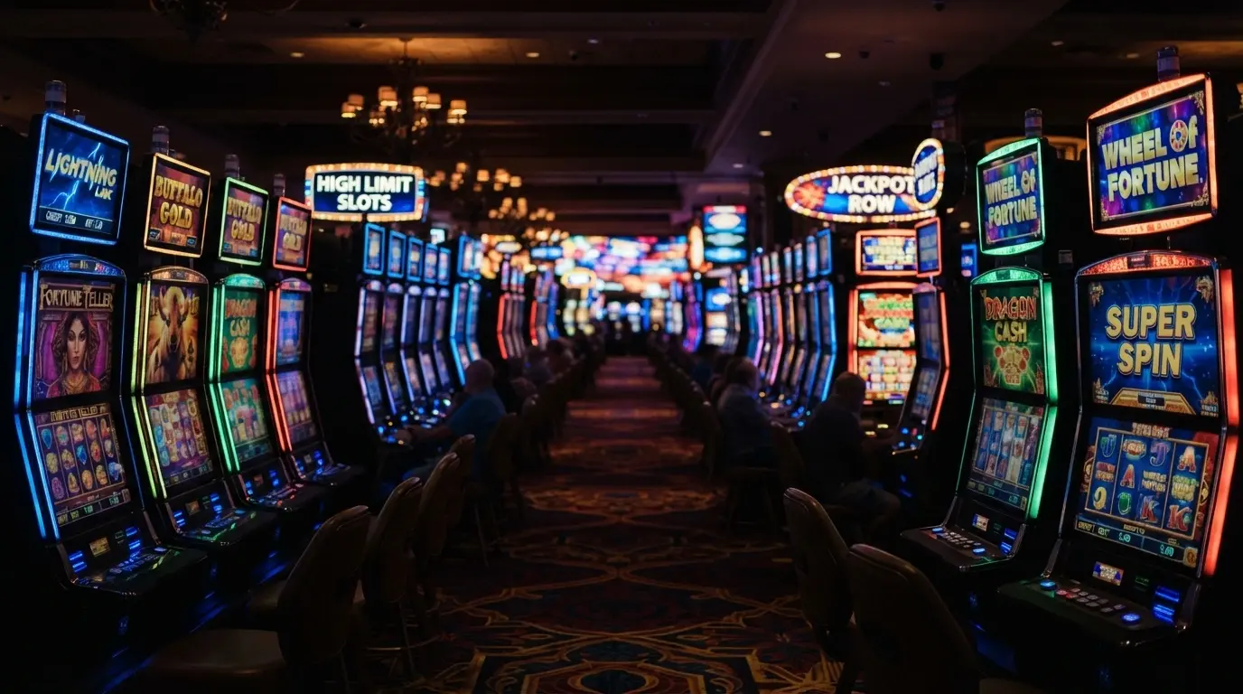 Rows of illuminated pokies machines stretching across the SkyCity Adelaide gaming floor