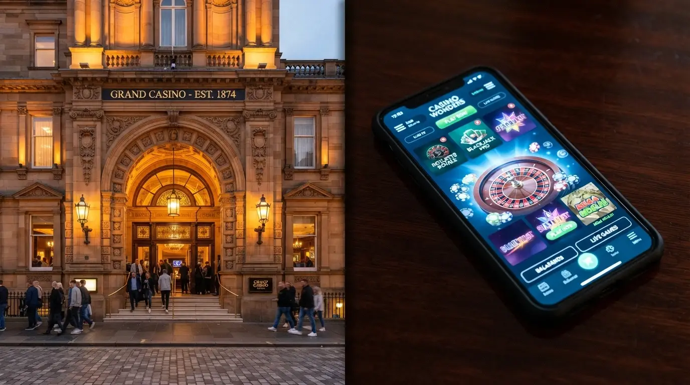 A split composition — the SkyCity Adelaide heritage exterior on one side, a smartphone displaying an online casino lobby on the other