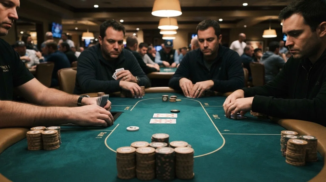 A packed poker tournament table at SkyCity Adelaide with stacks of chips, community cards on the felt and players studying their hands