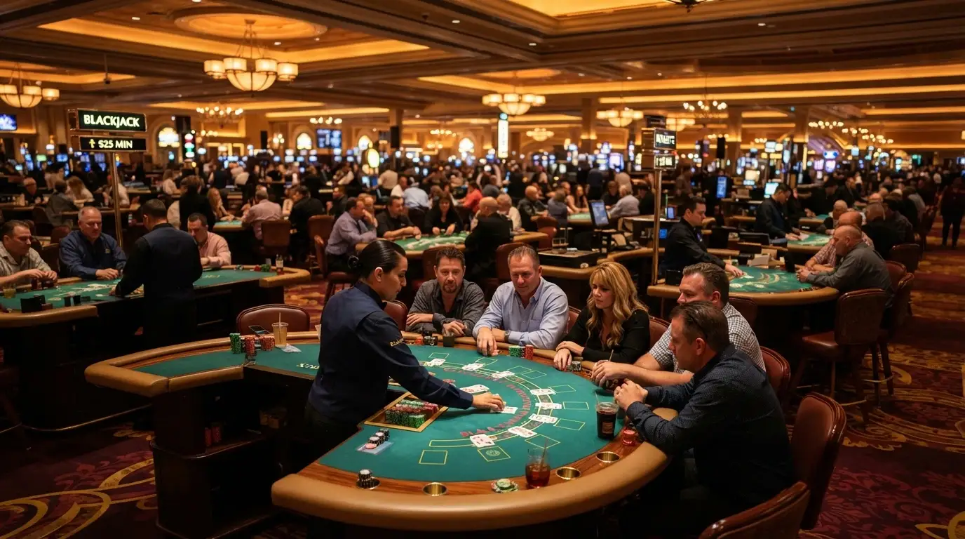 A view across the SkyCity Adelaide gaming floor with rows of blackjack and roulette tables, dealers in action and players seated