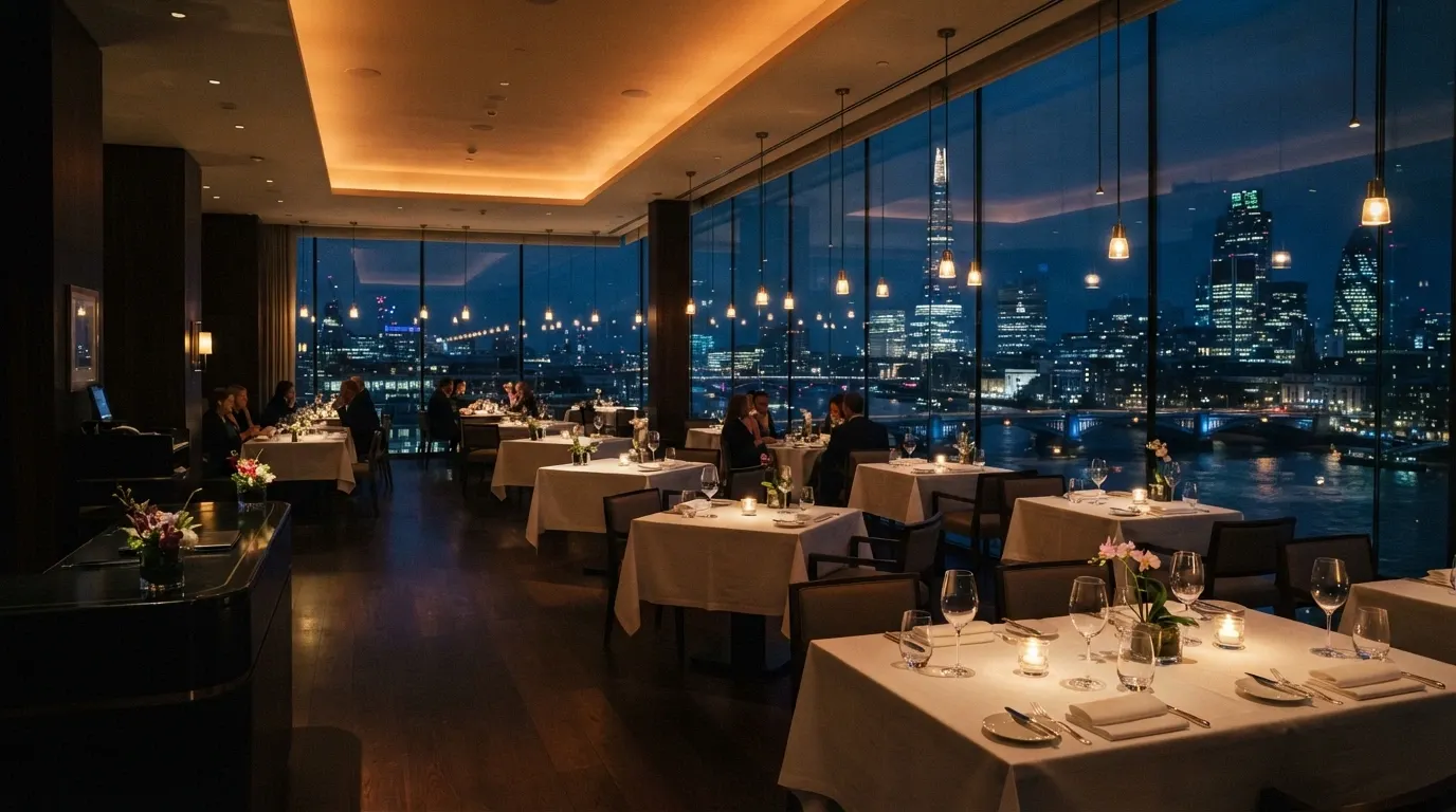 The interior of Aloria restaurant on Level 23 with floor-to-ceiling windows overlooking the Brisbane River at night