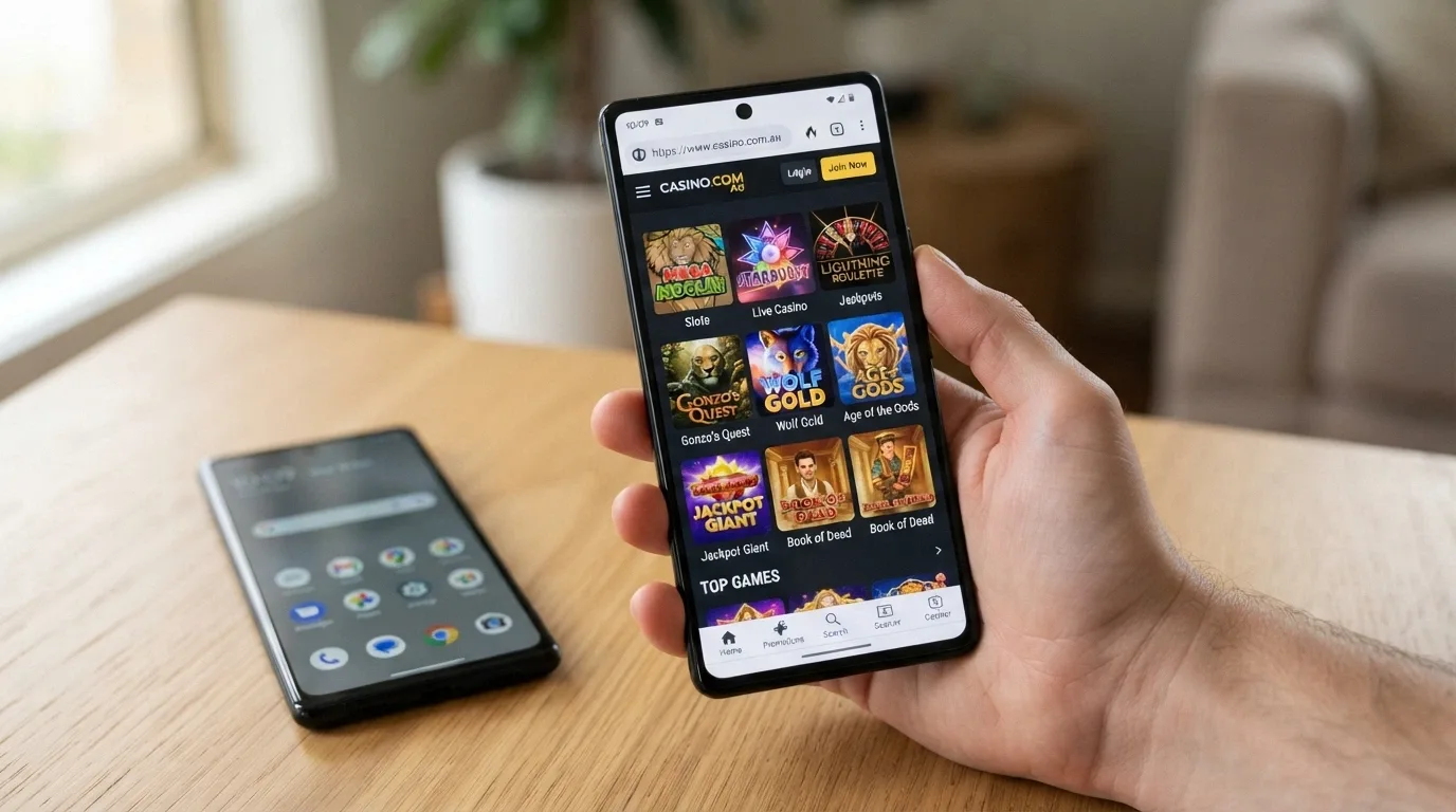 A phone held in portrait mode showing a mobile-browser casino lobby with a URL bar visible at the top, next to the same phone showing a generic app icon grid with no casino app installed
