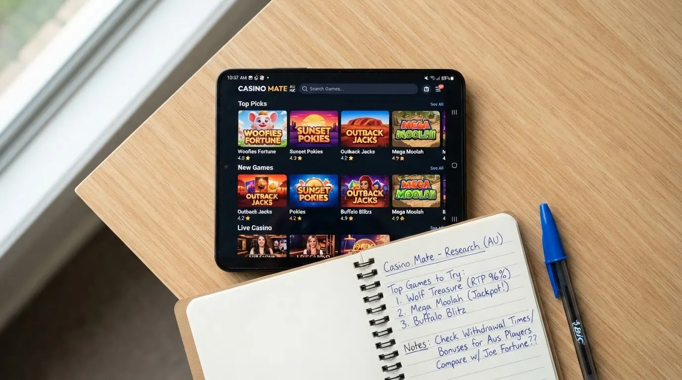 A side-by-side grid view of casino app listings with bonus amounts, star ratings and key features displayed in rows, viewed on a smartphone held in landscape orientation