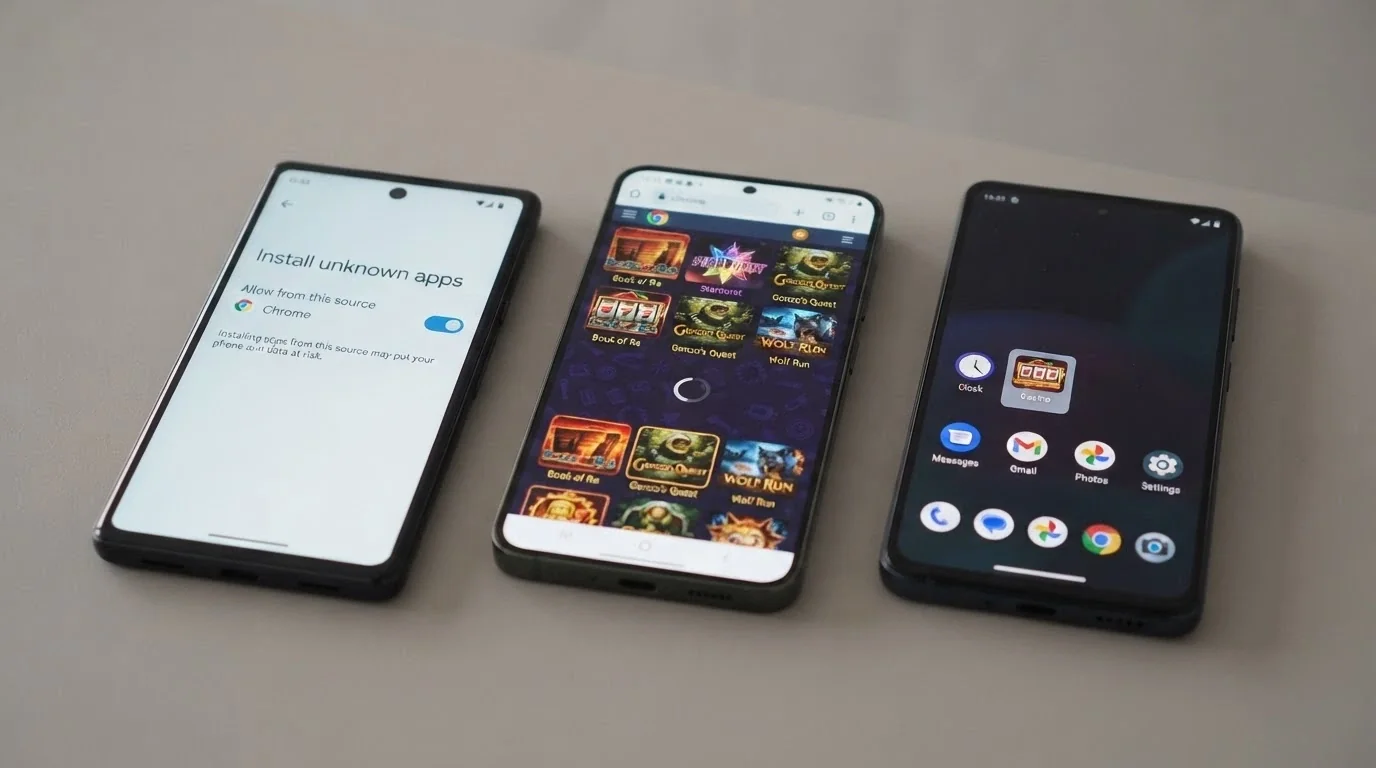 Three Android phone screens side by side showing an APK install prompt, a Chrome browser with a pokies lobby loaded, and a PWA home-screen shortcut icon
