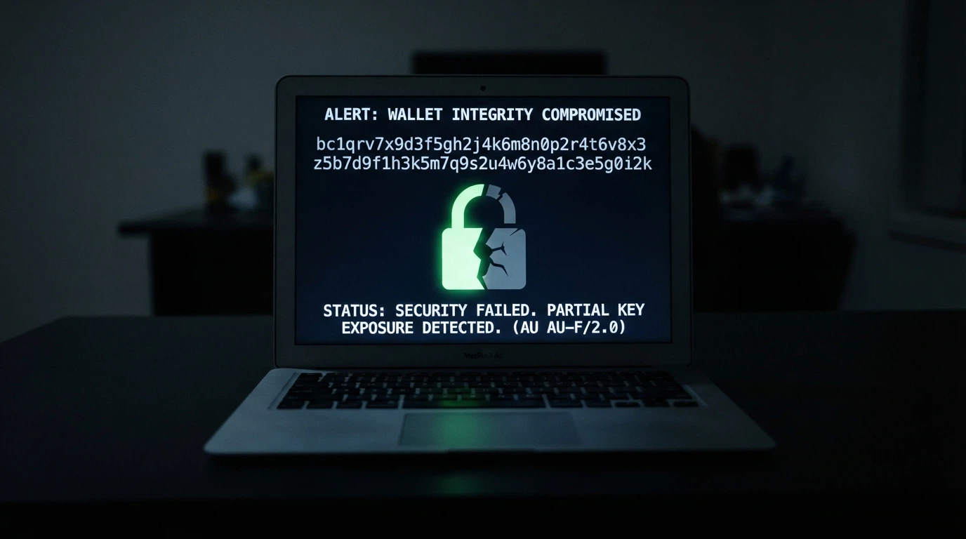 A bitcoin wallet address displayed on a screen with a lock icon that is cracked open, half the screen dark