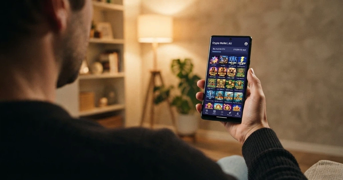 A smartphone screen displaying a crypto wallet balance next to an online casino lobby, no personal details or ID documents visible on the screen