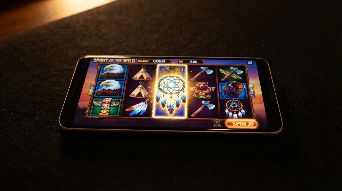 An Android phone in landscape mode displaying the Indian Dreaming slot reel with its 243-ways-to-win layout and a dreamcatcher symbol prominent