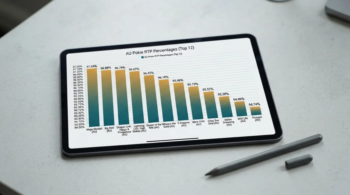 Bar chart comparing RTP values across 12 Aristocrat pokie titles from 94.74% to 97.04%