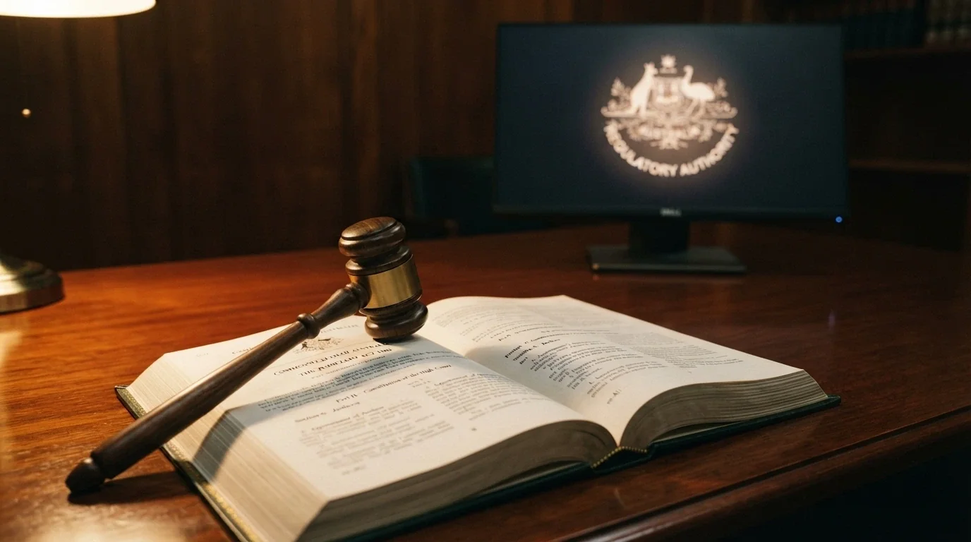 A gavel resting on a printed copy of Australian legislation with the ACMA logo visible on a screen behind it